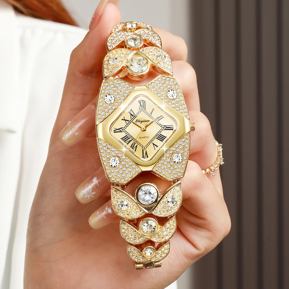 Luxury Rhinestone Golden Bracelet Strap Square Roma Dial Wristwatch