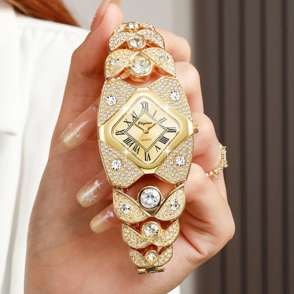 Luxury Rhinestone Golden Bracelet Strap Square Roma Dial Wristwatch