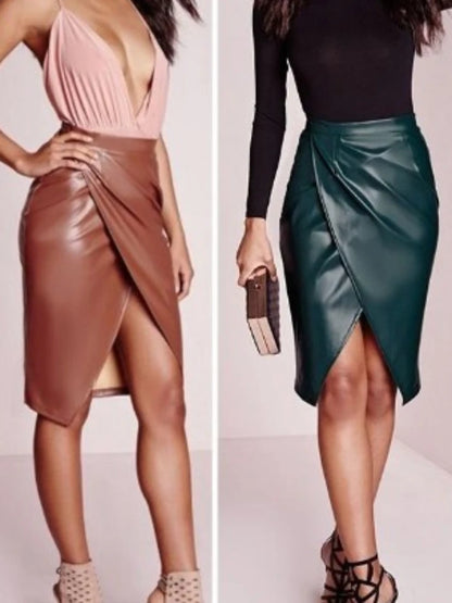 PU Imitation Leather Split Midi High-waist Hip Slim Skirts