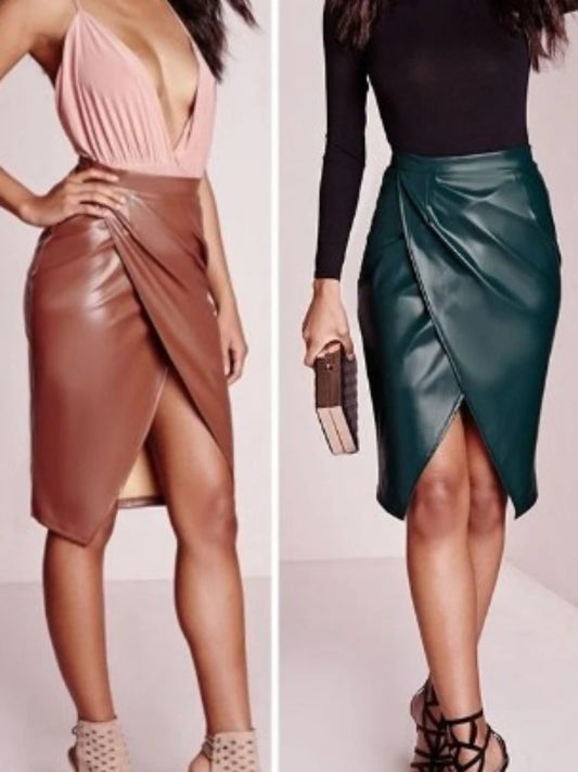 PU Imitation Leather Split Midi High-waist Hip Slim Skirts
