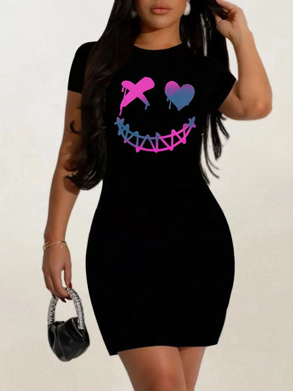 Short sleeves Casual Graphic Round Neck Loose Fit Dress
