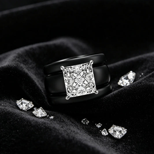 Princess Cut Cubic Zirconia Black Ceramic Band Chunky Ring