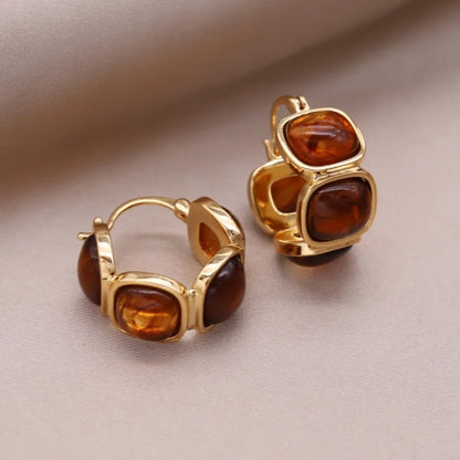 Korean design 14K gold plated round amber resin earrings