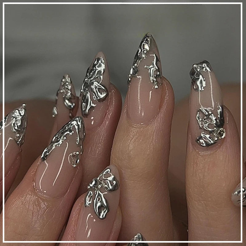 24Pcs Metallic Cat Eye French Sheer Manicure Tip Art Textured 3D Acrylic False Nails