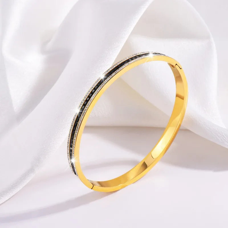 5/1pcs Golden Stainless Steel With Sparkling Black Zircon Bracelets