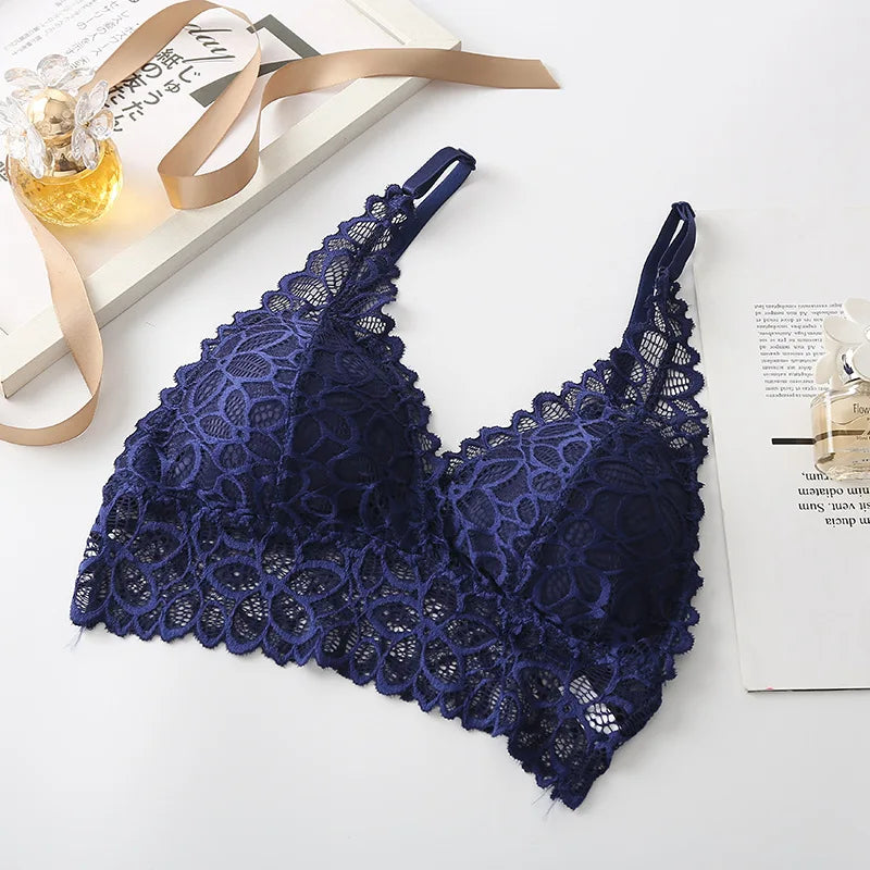 Floral Lace V Neck Bralette Adjustable Thin Straps Wireless Lace Bra