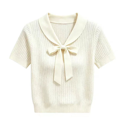 Knitted Bow Collar White Knit Sweater Pullover