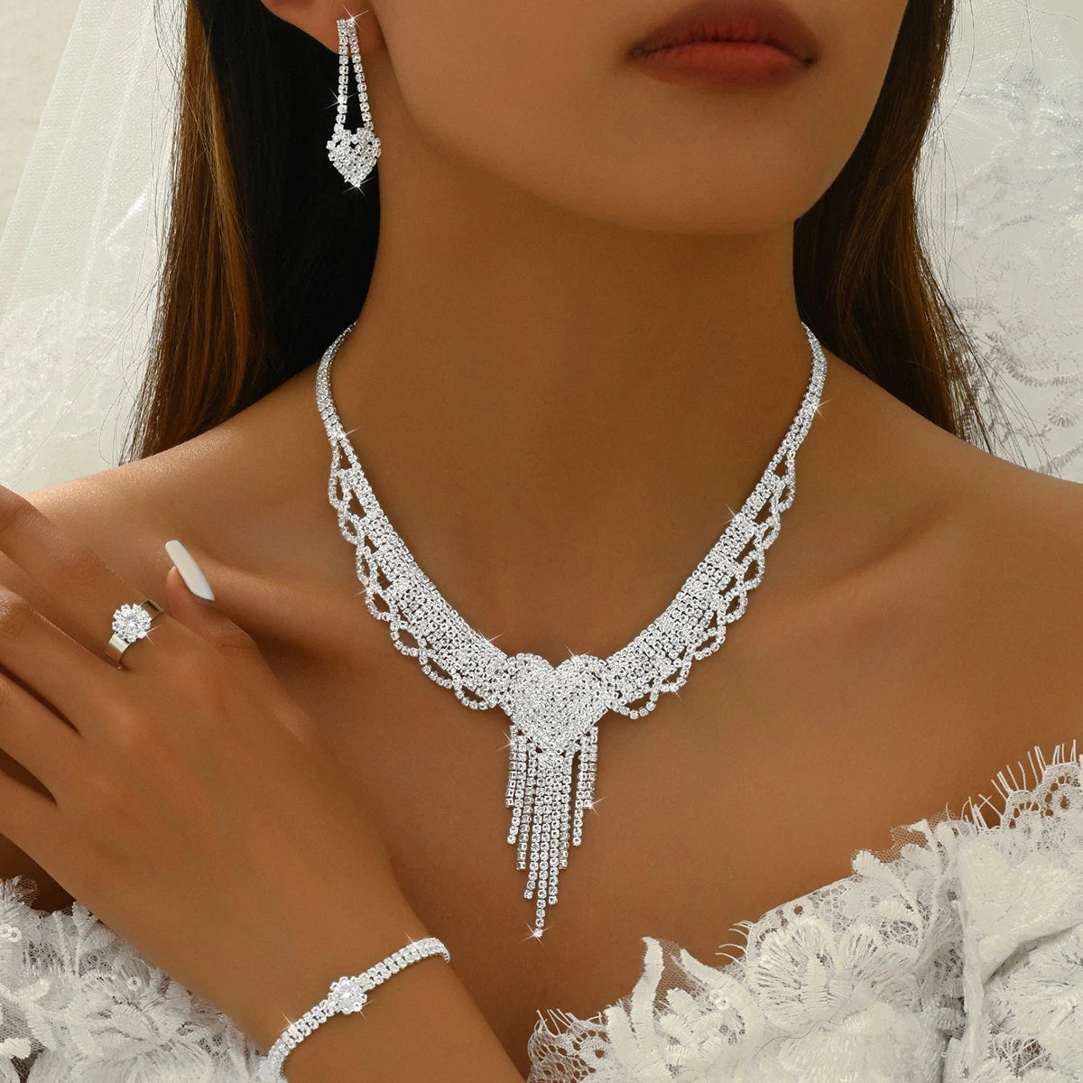 Peach Heart Tassel Necklace Set