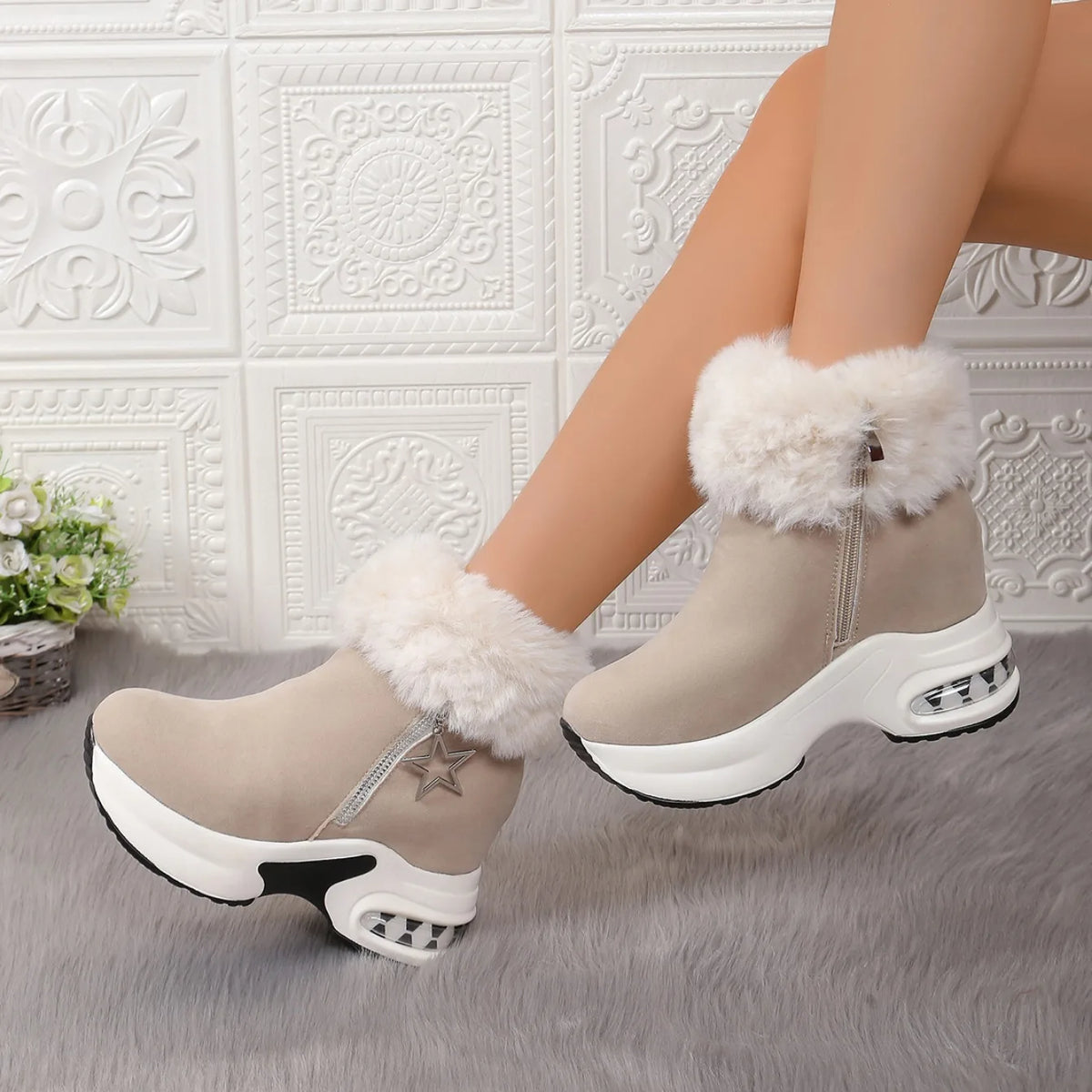Winter Casual High Heels Thickened Fluff Wedge Platform Snow Boots