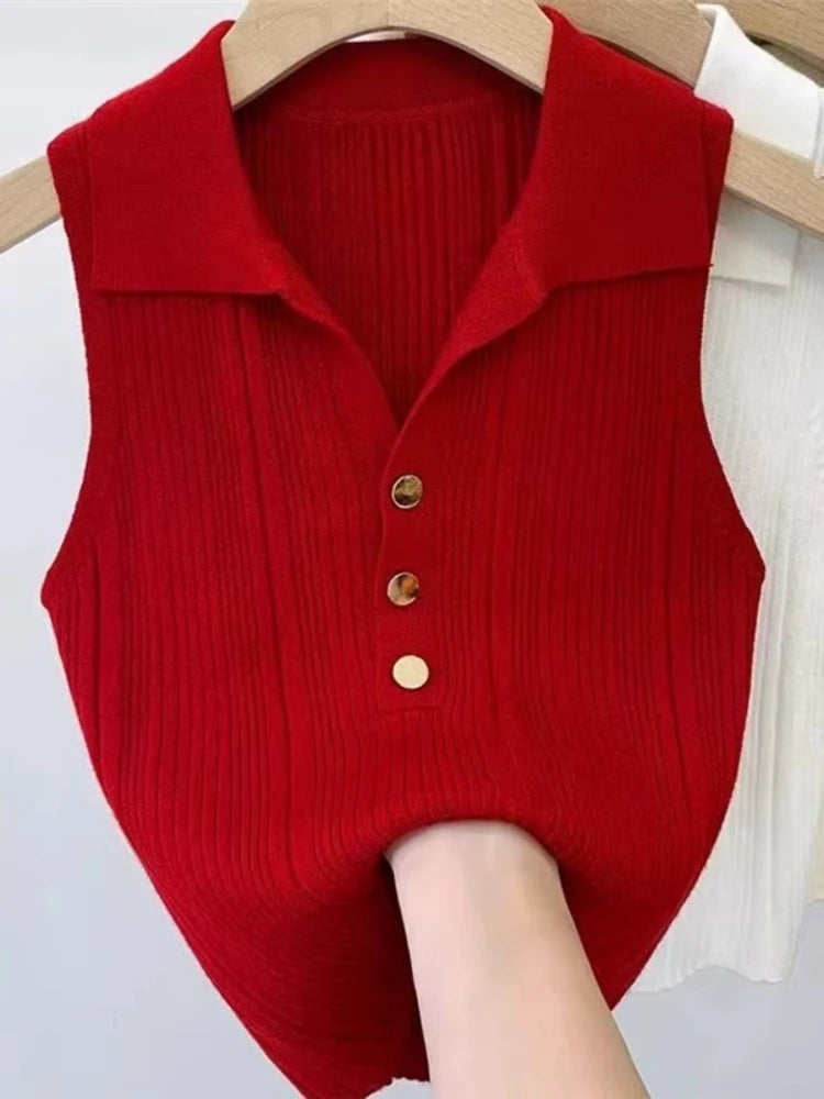 Slim Versatile Camisole Polo Lapel Vest Ice Silk Knit Sleeveless
