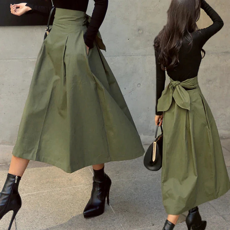 Korean Big Swing Long High Waist Bow Slim Skirts