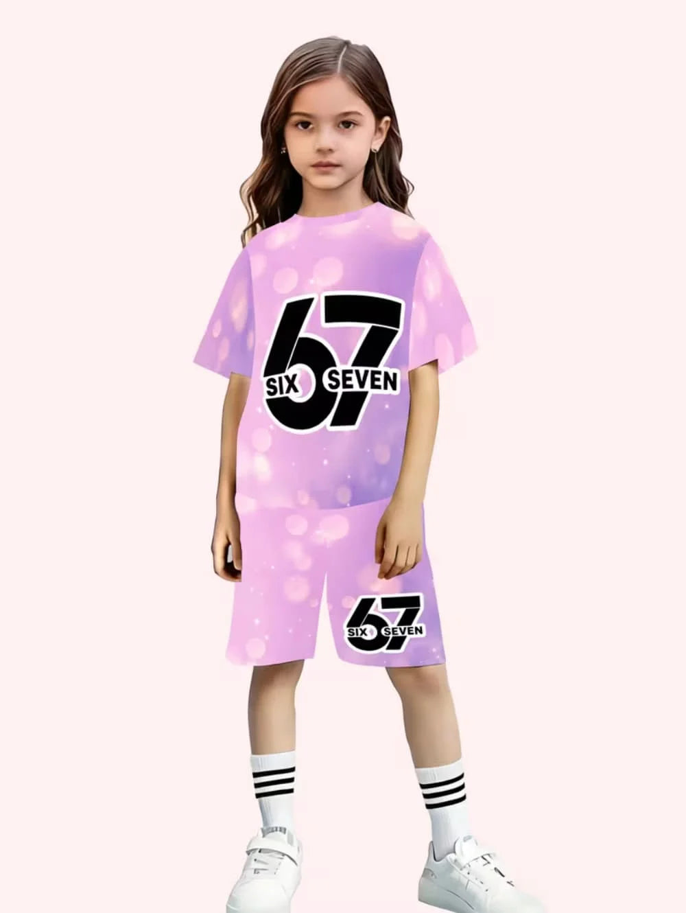 67 Six Seven Cute Bows Flowers Print Short Sleeve T-Shirt Set