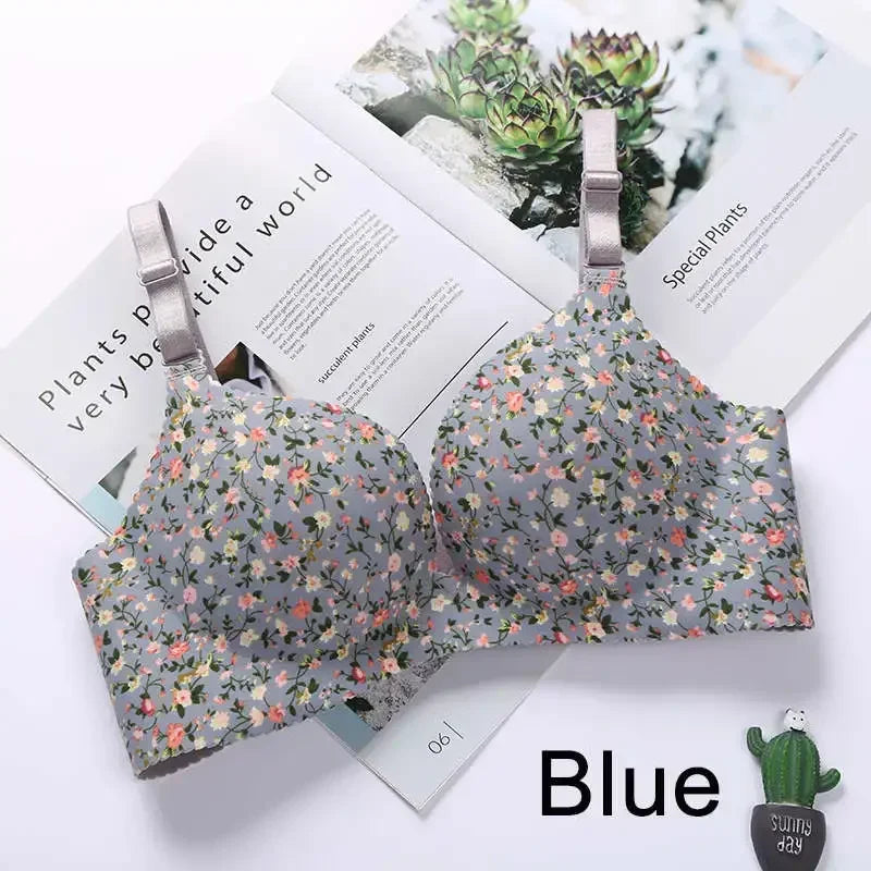 Sexy Lingerie Flower Print Gathered Bras Floral Push Up Seamless Bra Underwear