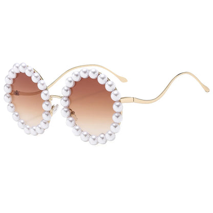 Luxury Pearl Metal Frame Round Sun glasses