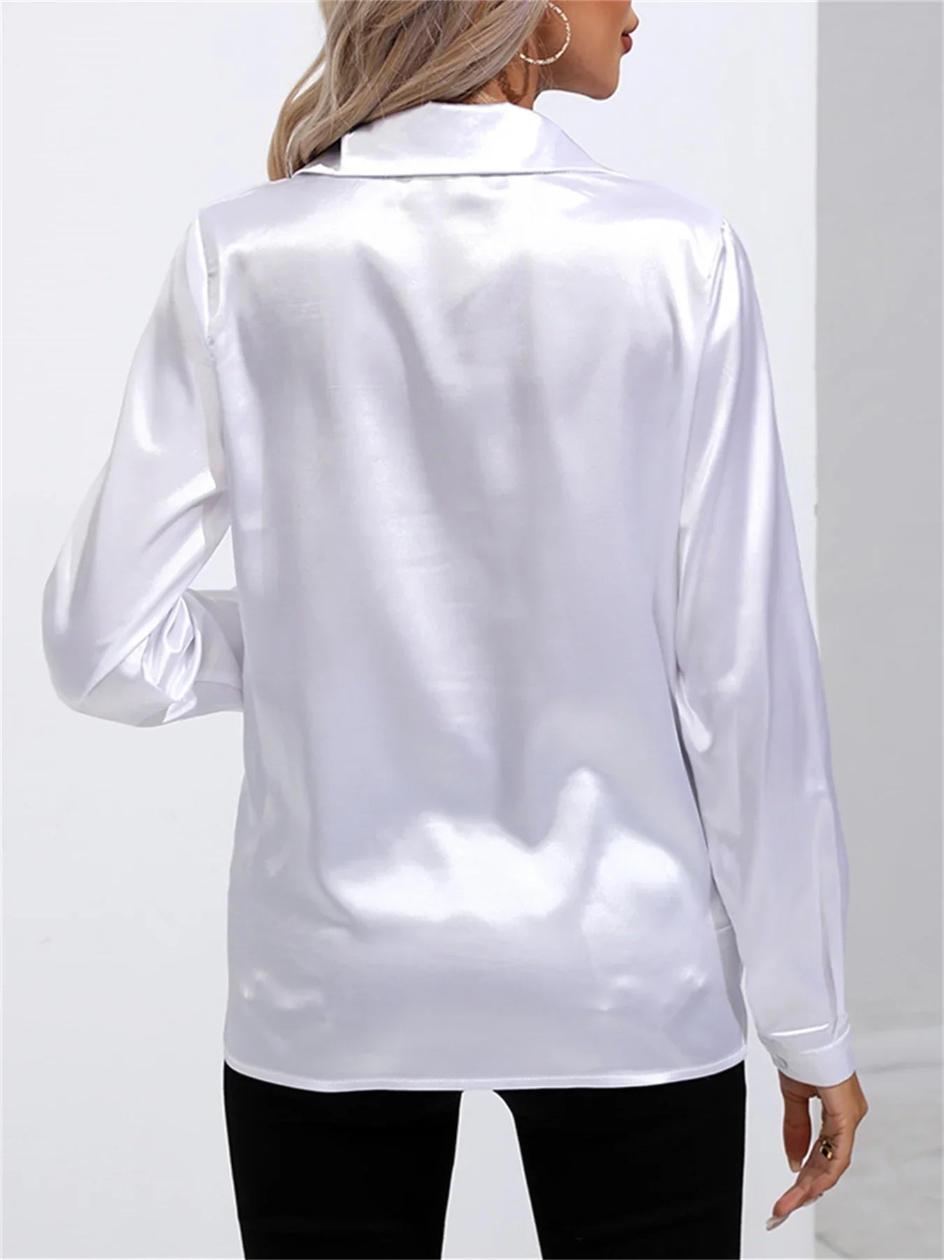 Elegant Turn-Down Collar Satin Long Sleeve Blouse