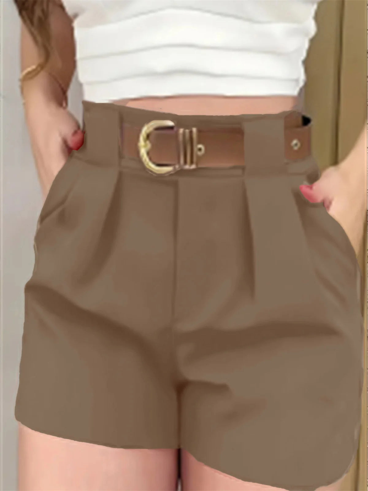High Waist Pocket Belt Elegant Casual Street Short