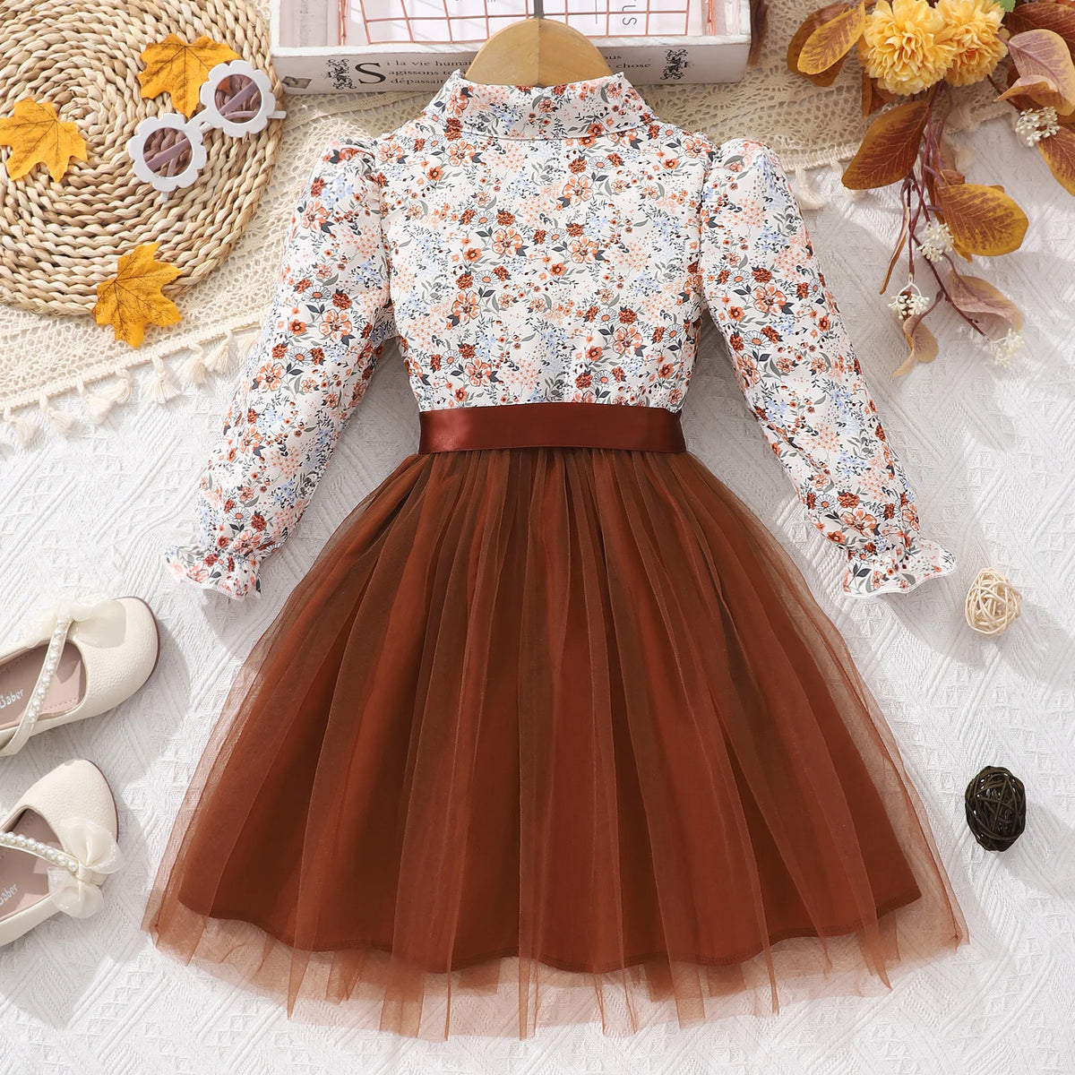 Long sleeved lapel floral print mesh Dress