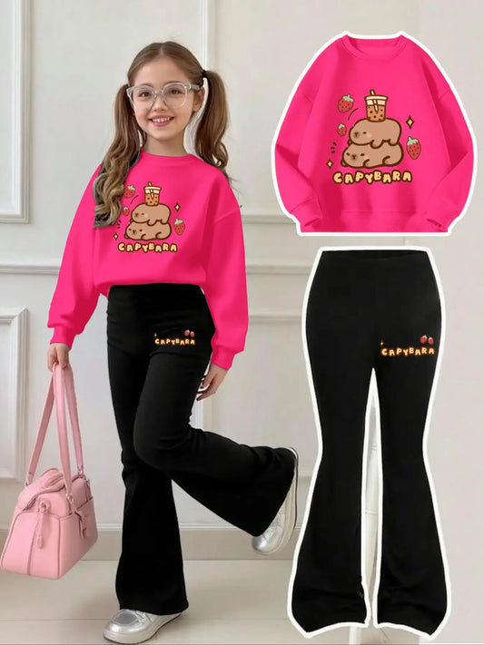 Capybara Milk Tea Sweatshirt and Flared Pants Set
