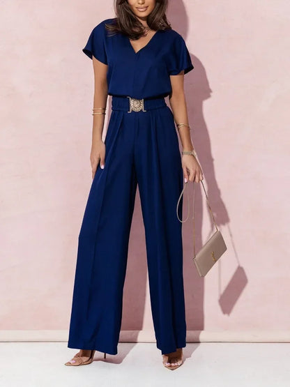 V-neck Short Sleeve Casual Belt  Jumpsuit