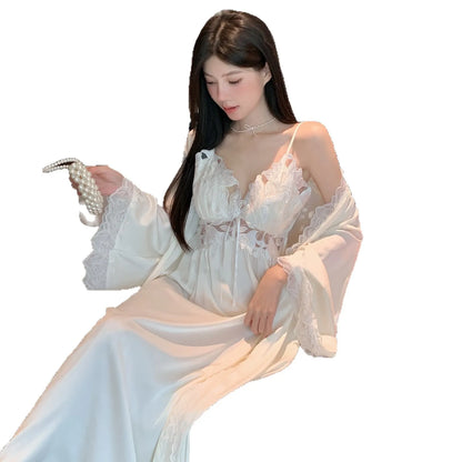 French Romantic Long Strap Sleep Silk Elegant Sleepwear Set