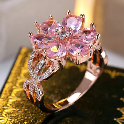 Vintage Pink Crystal Cute Rose Gold Flower Rings