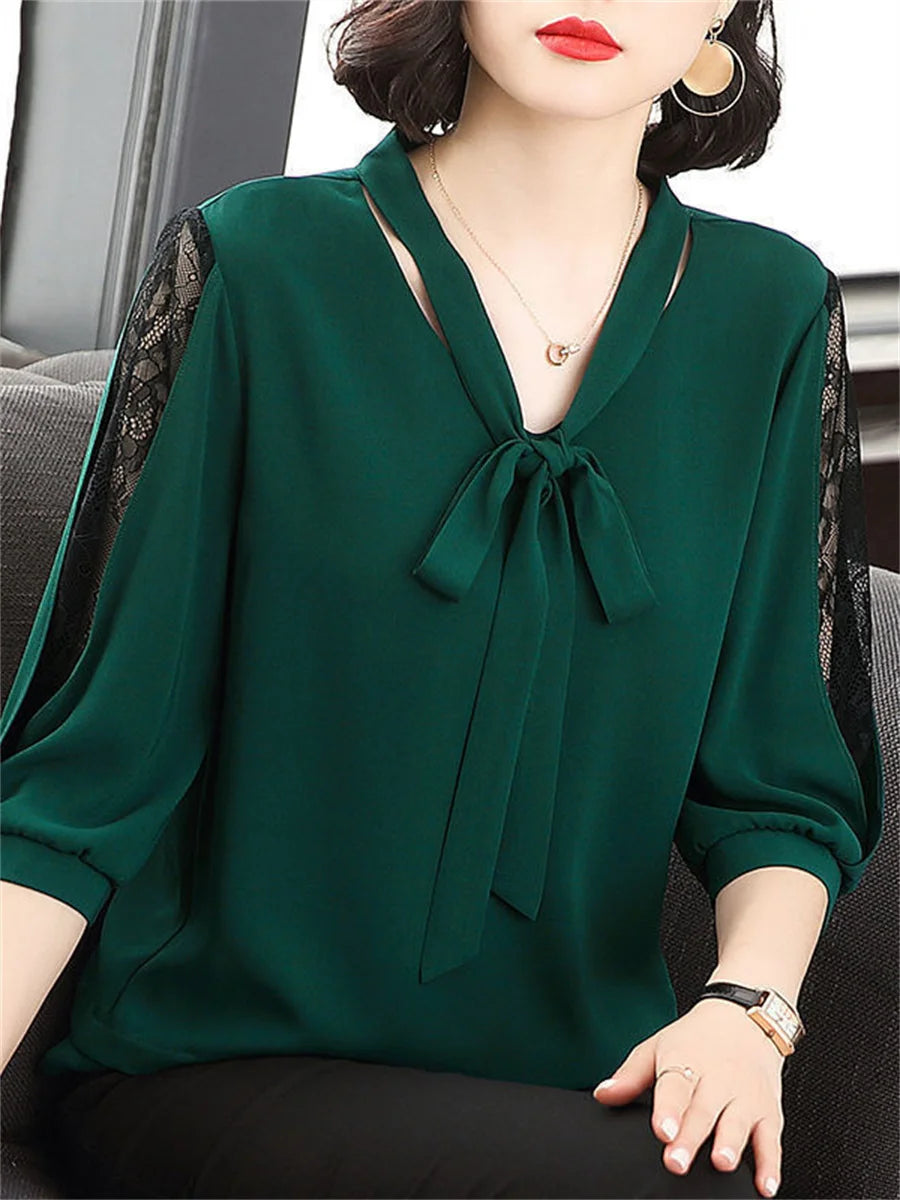 Bow Tie Colloar Half Lace Sleeve Loose Blouses