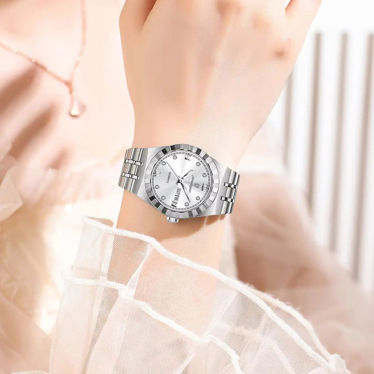 Luminous Waterproof Week Date Stainless Steel Quartz Watches