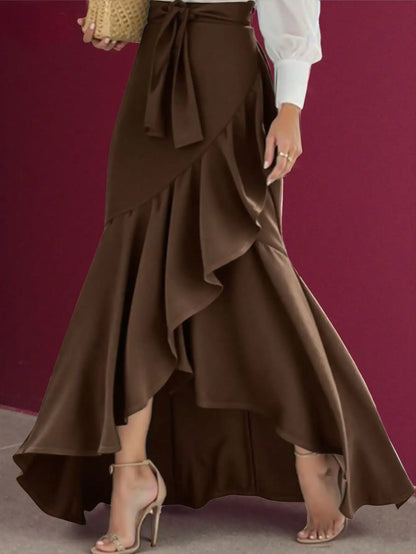 Elegant Solid High Waist Mermaid Ruffle Long Maxi Skirt