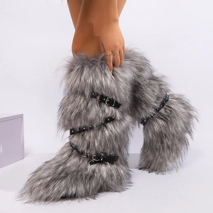 Red Animal Fur Belt Buckle Mid-Calf Boots