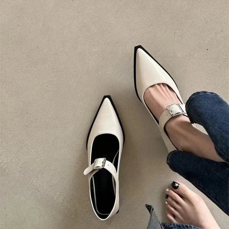 Mary Jane Belt Buckle Medium Heel Small Leather Shoes