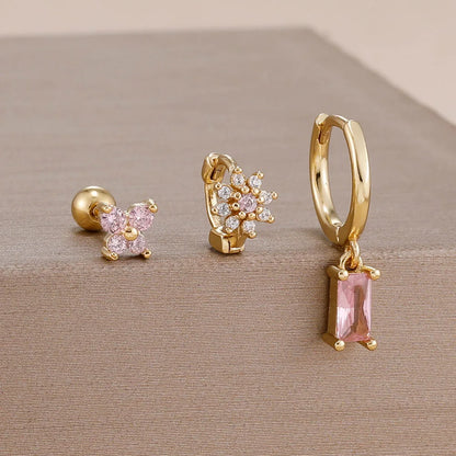 14K Gold Plated Zircon Square Hoop Stainless Steel Butterfly Stud Earring Set