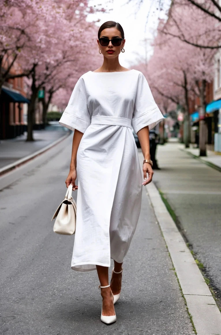 Elegant Boat Neck Half Sleeve Wrap Midi Dress
