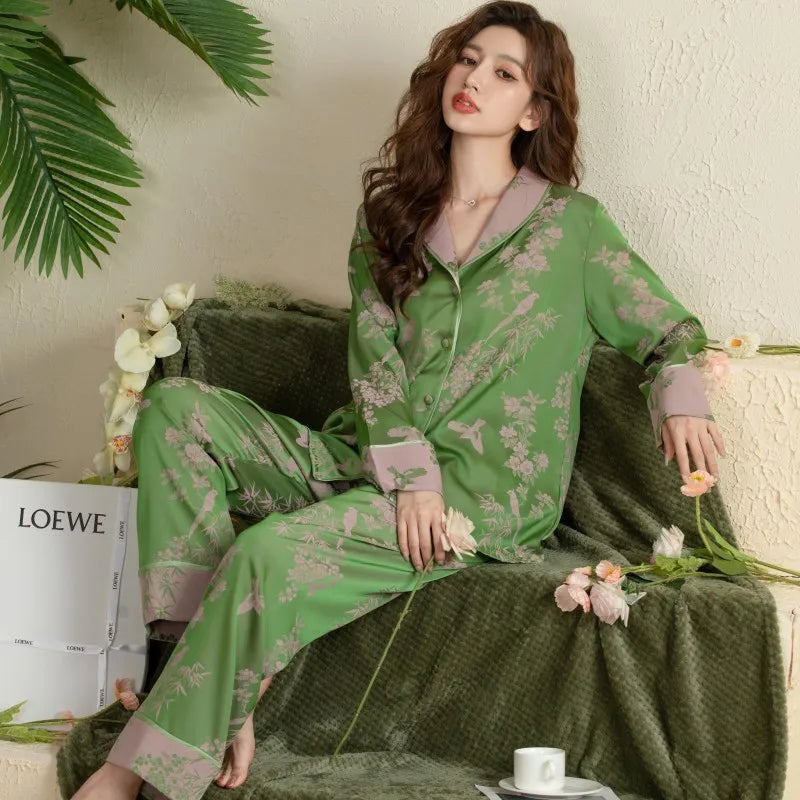 Large Collar Cardigan Home Wear Long-Sleeved Ice Silk Sleepwear Pajama Sets