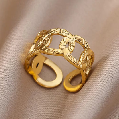 Gold Stainless Steel Coin Broad Surface Elliptical Geometry Rings