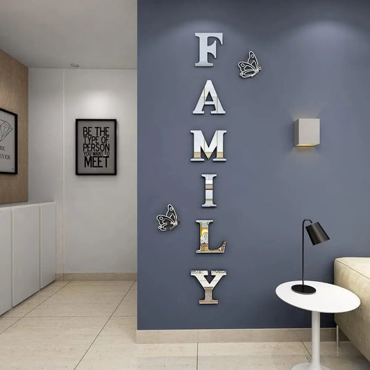 Two butterflies English Letters Family 3D Mirror Wall Stickers