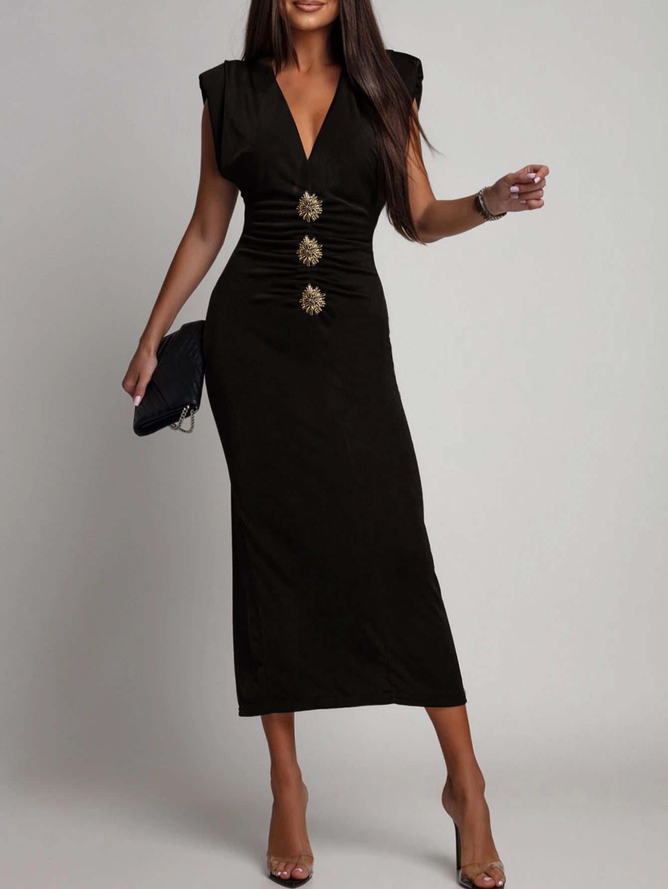Solid Sleeveless Skinny Evening Midi Long Dress