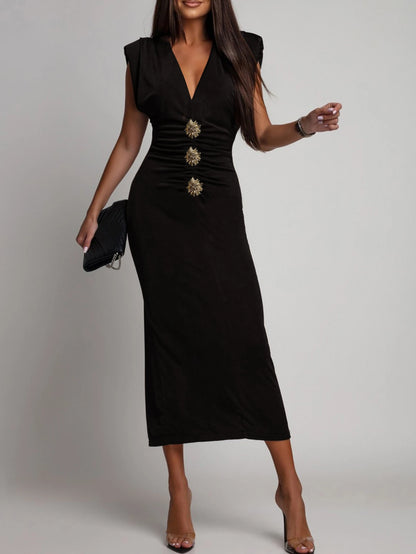 Solid Sleeveless Skinny Evening Midi Long Dress