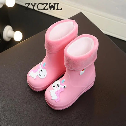Rain Rubber Rainboot PVC Warm Waterproof Cartoon Unicorn Removable Boots