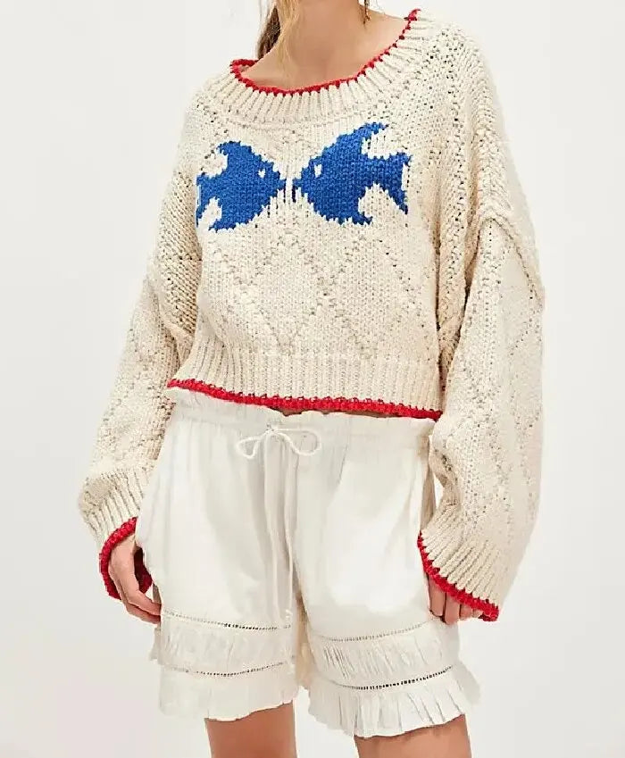 Bow Jacquard Cropped Knit Sweater Wide Long Sleeve Crew Neck Loose Chunky Knit Pullover