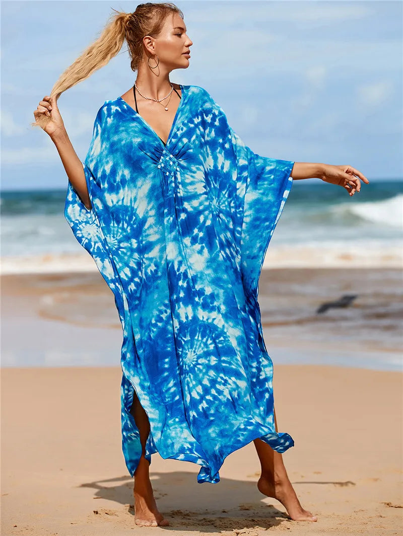 Plus Size Animal Print V-Neck Batwing Kaftan Beach Dress