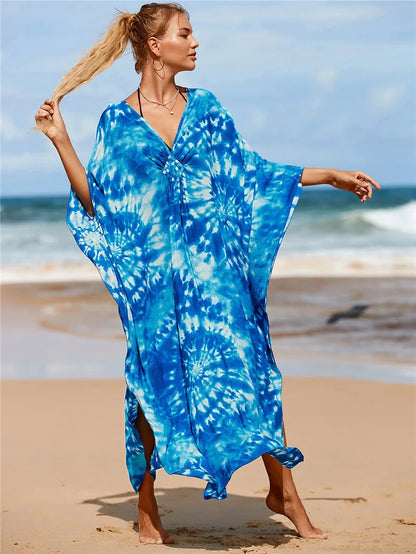Plus Size Animal Print V-Neck Batwing Kaftan Beach Dress