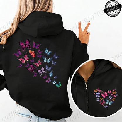Butterfly Heart Hoodie Zip Up Vintage Hooded Sweatshirts Hip Hop Streetwear