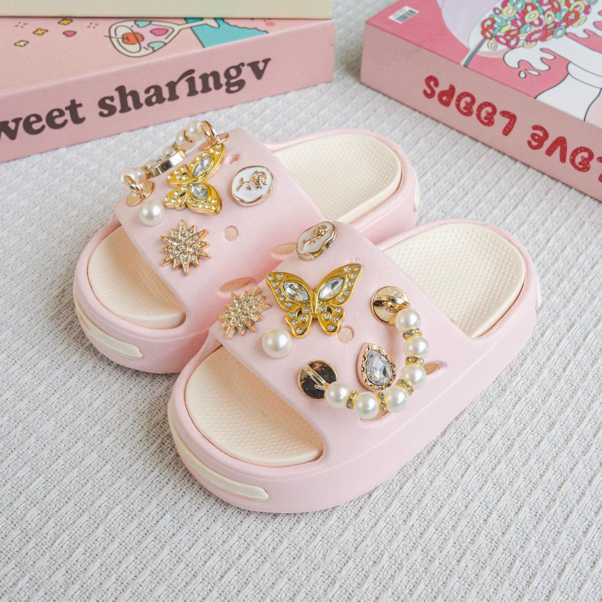 Cartoon Pearl Gold Butterfly Eva Slippers