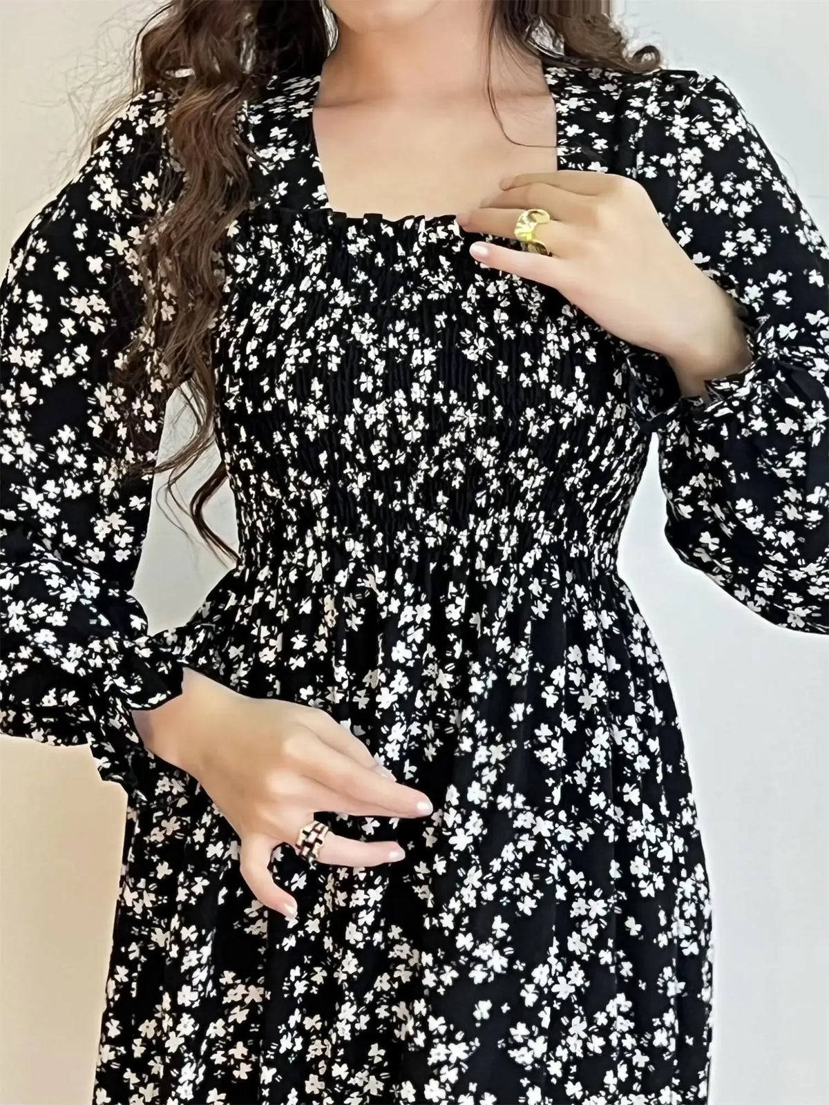 Long Sleeve Casual Chiffon Floral Elastic Chest Lace Up Midi Dress