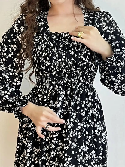 Long Sleeve Casual Chiffon Floral Elastic Chest Lace Up Midi Dress