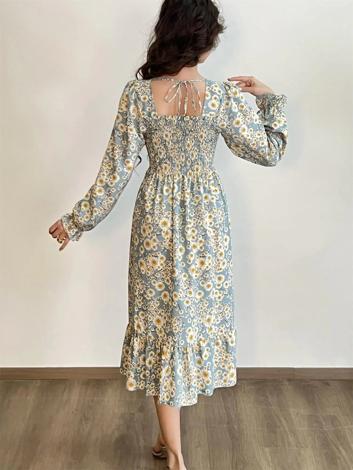 Long Sleeve Casual Chiffon Floral Elastic Chest Lace Up Midi Dress