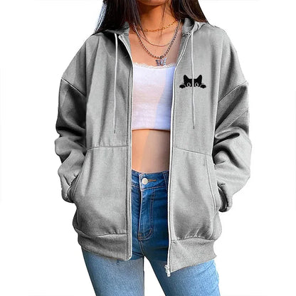 Zipper Cardigan Hooded Sweatshirt Printing Outfits Casual Jogging Sport Coat
