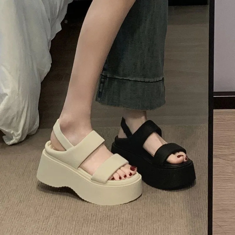 Chunky 8CM High Heels Leather Thick Bottom Flip Flops
