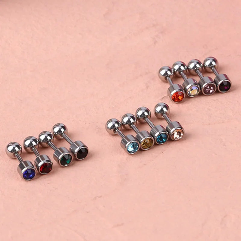 2Pcs Surgical Steel Crystal Screw Ball Stud Earrings