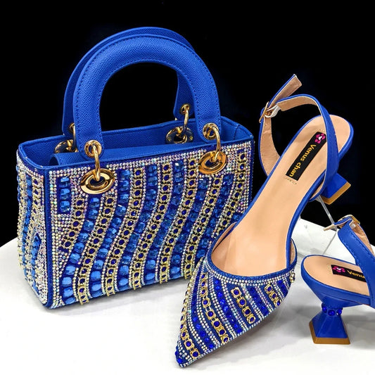 Italian Shoes and Bag Set Blue Low Heels With Rhinestone Set